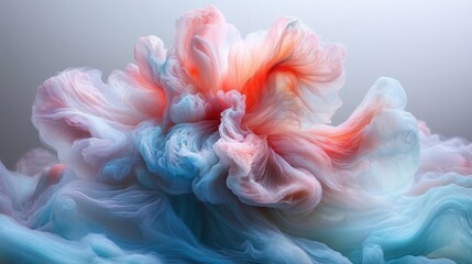 Obraz premium Abstract swirling pink and blue smoke cloud on a white background.