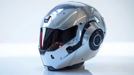 A futuristic robotic helmet with a sleek design, featuring a reflective visor and advanced audio components.