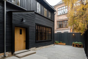 Fototapeta premium A contemporary black wooden house featuring expansive windows and a charming courtyard is situated in an urban neighborhood, showcasing the beauty of autumn leaves