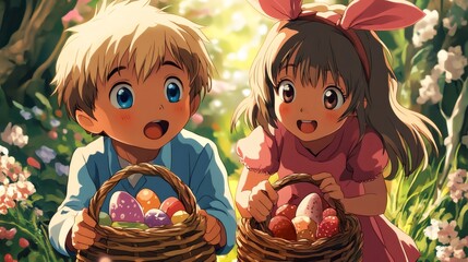 Excited children holding baskets full of easter eggs during an egg hunt