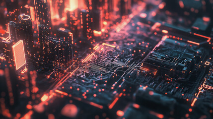 Obraz premium Smart digital Innovation city with connection network reciprocity over the twilight cityscape. of future smart wireless digital city and social media networking systems that connects people with city 