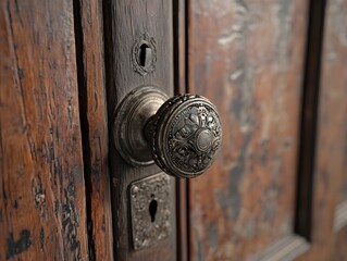 Fototapeta premium Exquisite Antique Doorknob on Aged Wooden Door with Textured Historical Aesthetic