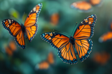 Fototapeta premium Monarch Butterflies in Flight Amongst Green Foliage