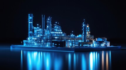 A futuristic digital factory model illuminated in blue against a dark background showcasing advanced industrial technology