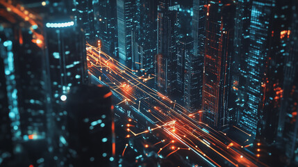 Smart digital Innovation city with connection network reciprocity over the twilight cityscape. of future smart wireless digital city and social media networking systems that connects people with city
