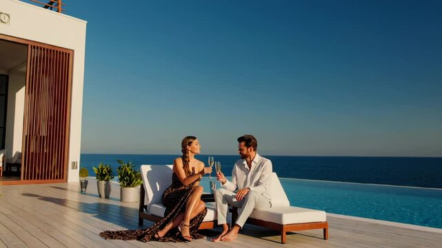 Luxury lifestyle embodies romance as a stylish couple enjoys champagne by an infinity pool overlooking the ocean, celebrating their love and success