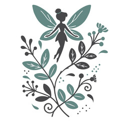 Fairy with decorative branches and leaves. Flat vector, simple graphics, isolated on white background.
