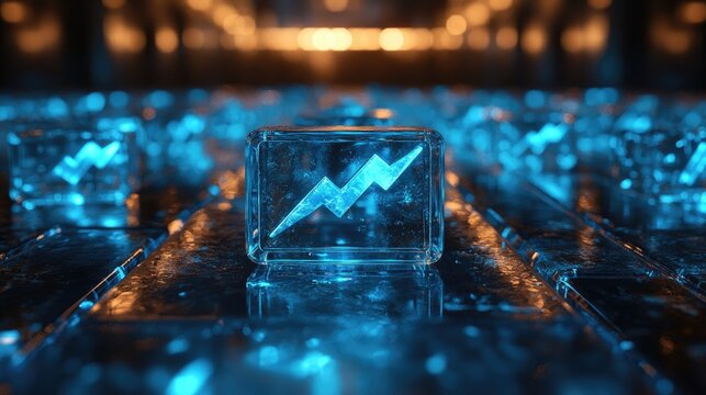 A close-up view of a transparent blue 3D bar chart illustrating a rising trend. - Powered by Adobe