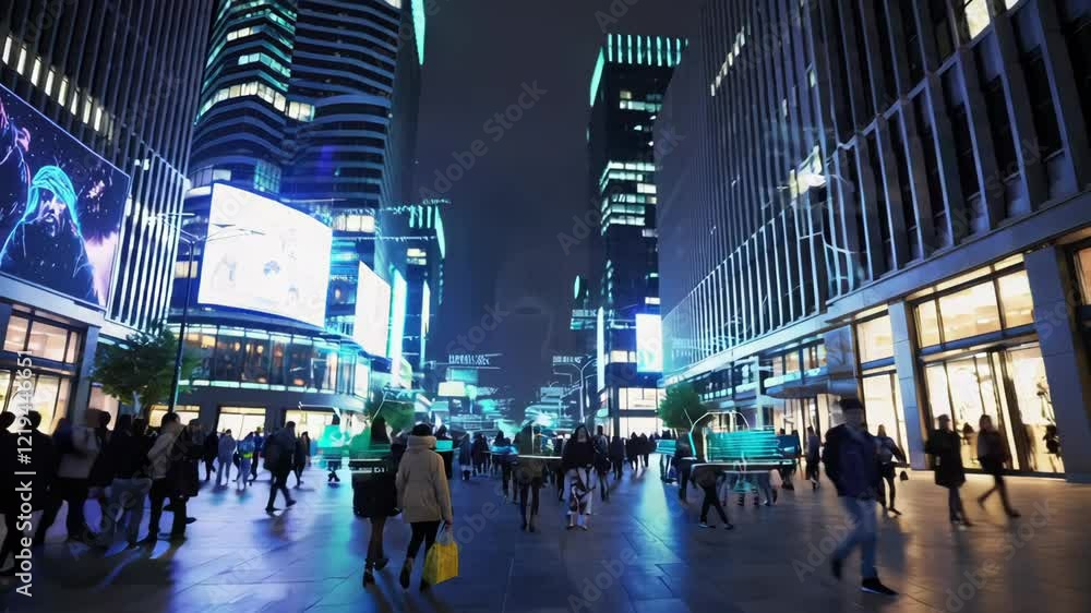 Poster crowded city street at night with digital billboards and augmented reality interfaces, focusing on a