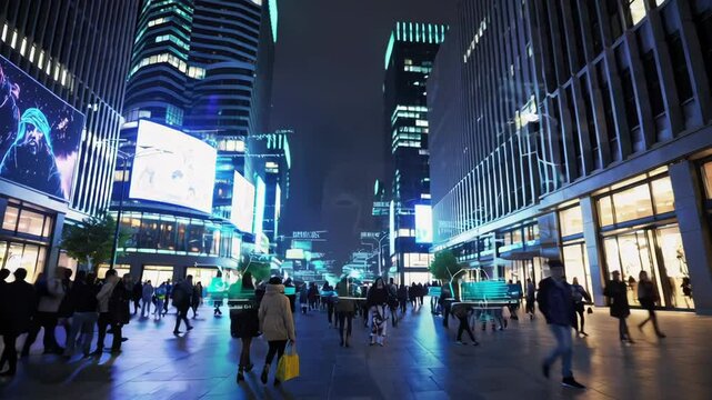 Crowded city street at night with digital billboards and augmented reality interfaces, focusing on a businessman whose face is being scanned by facial recognition software