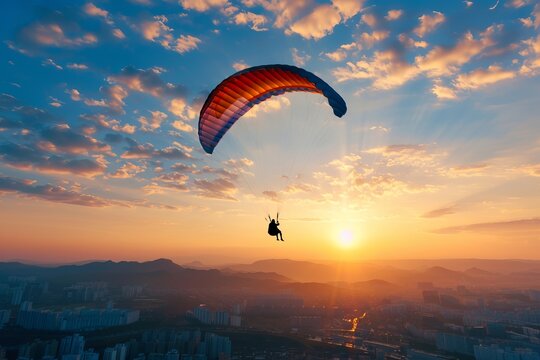 A silhouette of a person paragliding against a stunning sunset, with vibrant colors reflecting off the clouds and mountains in the background.