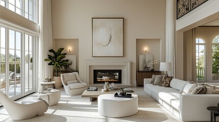 Fototapeta premium Cozy Living Room Featuring Elegant Fireplace Surrounded by Warm Decor and Large Window Allowing Natural Light to Fill the Space Creating an Inviting and Relaxing Atmosphere for All