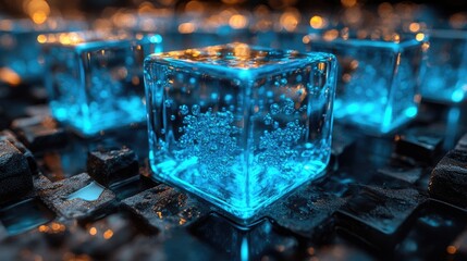 A close-up view of a transparent blue 3D bar chart illustrating a rising trend.