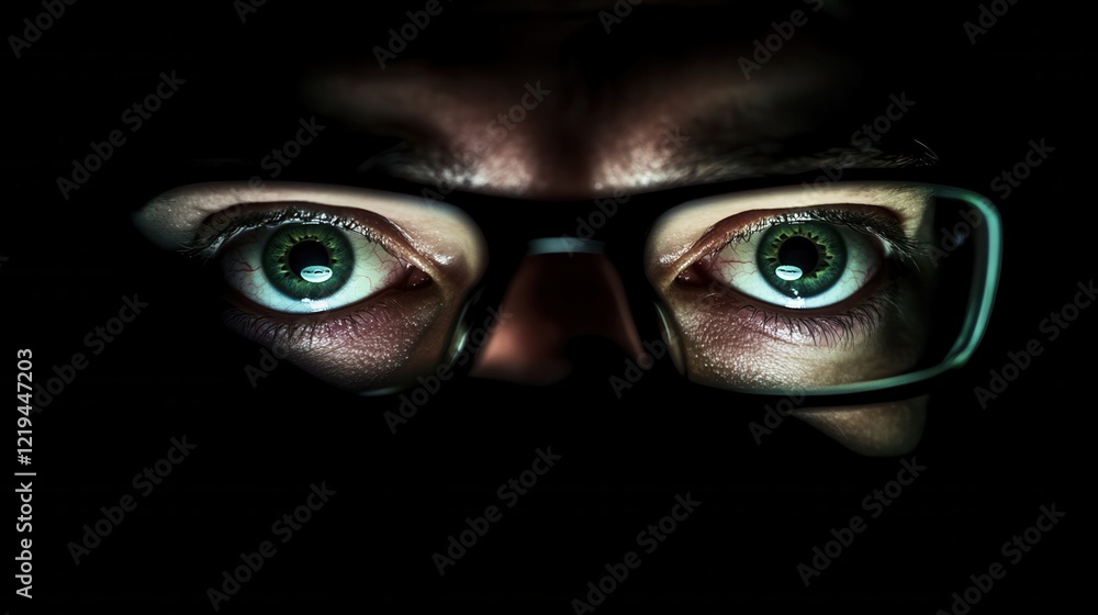 Poster vision, hacking and technology concept - close up of hacker eyes in glasses looking at computer scre