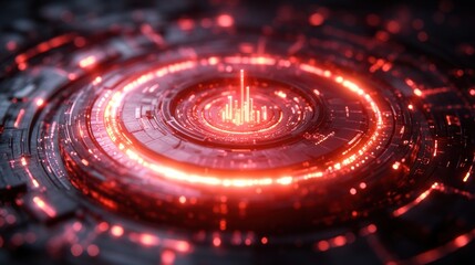 Glowing red circular interface with a digital pulse in the center.