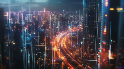 Smart digital Innovation city with connection network reciprocity over the twilight cityscape. of future smart wireless digital city and social media networking systems that connects people with city
