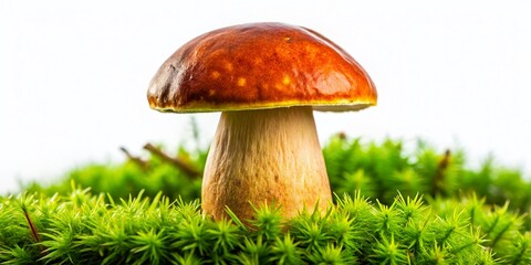 Single Boletus Mushroom on Moss, Isolated White Background -  High-Resolution Stock Photo