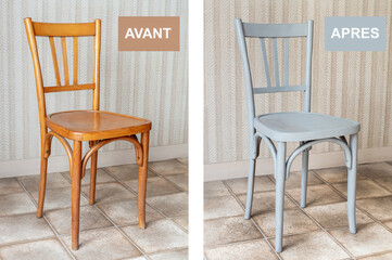 Restauration de meubles anciens. Relooking d'une chaise bistrot. Avant / Après.