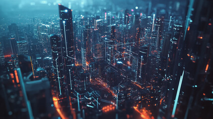 Fototapeta premium Smart digital Innovation city with connection network reciprocity over the twilight cityscape. of future smart wireless digital city and social media networking systems that connects people with city 