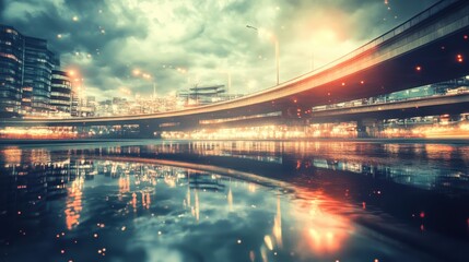 Fototapeta premium Cityscape Reflection Illuminated Highway Underpass