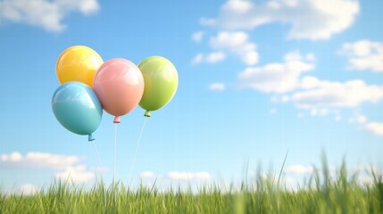 Colorful Balloons Floating Above Lush Green Grass Under Blue Sky