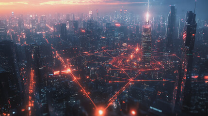 Smart digital Innovation city with connection network reciprocity over the twilight cityscape. of future smart wireless digital city and social media networking systems that connects people with city
