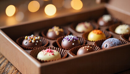 Artisan chocolate box with colorful toppings, gourmet indulgence