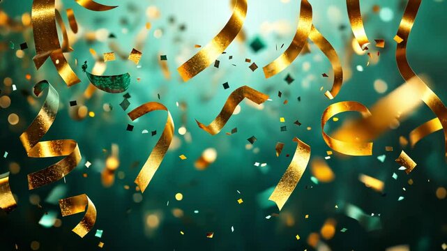 Festive Green Background with Golden Confetti and Shimmering Streamers Celebrating Joyful Occasions