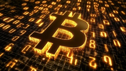 Golden Bitcoin symbol with glowing lines on a background of binary code.