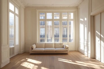 Fototapeta premium Parisian apartment, sunlight, living room, sofa, window view, real estate