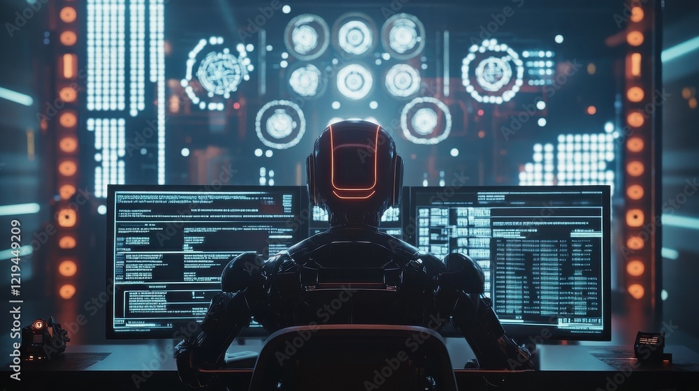 Poster humanoid robot analyzing information in concept of stock by machine learning process for 4th/4th ind