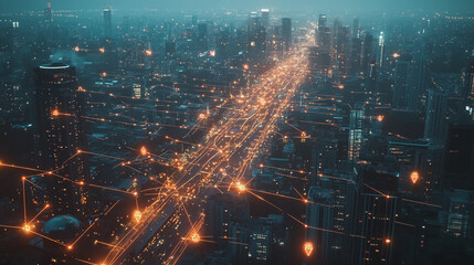 Obraz premium Smart digital Innovation city with connection network reciprocity over the twilight cityscape. of future smart wireless digital city and social media networking systems that connects people with city 