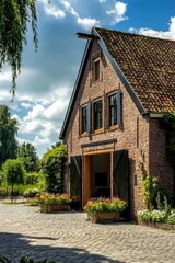 Charming old brick farmhouse surrounded by vibrant flower beds under a sunny sky in a rural landscape during the afternoon