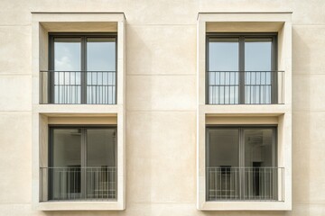 Obraz premium Modern architectural design featuring two elegant balcony windows on a neutral-toned facade during daylight hours in an urban setting