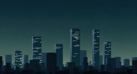 Futuristic skyline with glowing skyscrapers in dark blue cityscape