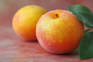 Two Ripe Plums With Water Droplets And Leaves