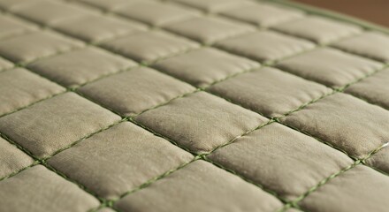 Close-up of textured quilted fabric surface with green stitching