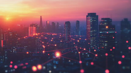 Fototapeta premium Smart digital Innovation city with connection network reciprocity over the twilight cityscape. of future smart wireless digital city and social media networking systems that connects people with city 