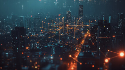 Fototapeta premium Smart digital Innovation city with connection network reciprocity over the twilight cityscape. of future smart wireless digital city and social media networking systems that connects people with city 