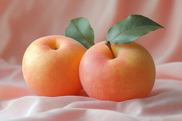 Two Ripe Peaches Resting On Pink Fabric