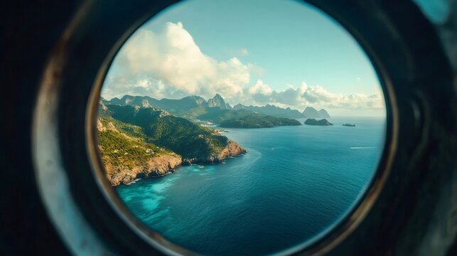 Fototapeta Breathtaking mediterranean coast seen through porthole of helicopter or airplane