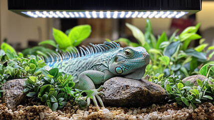 Obraz premium Green iguana resting under a heat lamp in a lush terrarium