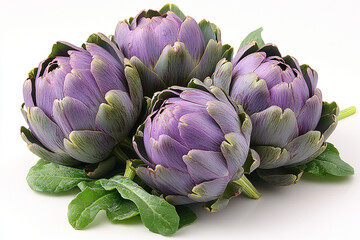 Fototapeta premium Three Purple Artichokes with Green Leaves Arranged Together