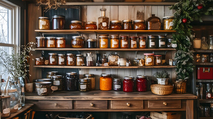 A Cozy Winter Pantry Filled With Dried Fruits, Preserved Goods, and Seasonal Decorations Creating an Inviting Atmosphere for All