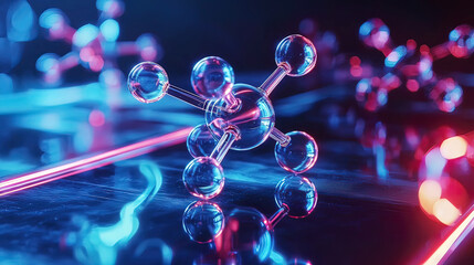 Hyper-realistic hologram of a rotating molecular structure, glowing neon beams of light, futuristic lab