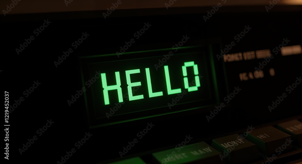 Poster retro digital display with 'hello' message in neon green glowing letters