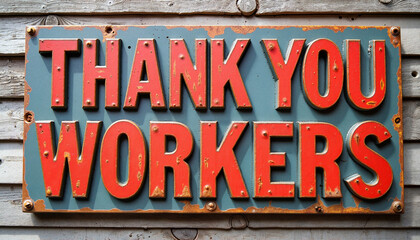 Vintage "Thank You Workers" sign on wooden wall, appreciation concept