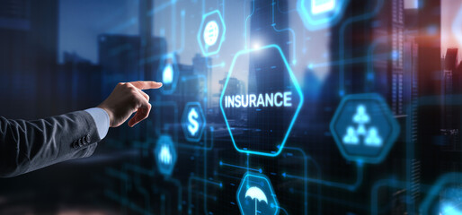 Businessman hand clicks insurance icons. Car travel family and life concept