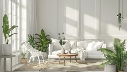 Interior of a modern bedroom. 3D render. The room is decorated with plants.