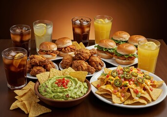 Savory feast with fried chicken, sliders, nachos, guacamole, and refreshing drinks displayed on a wooden table